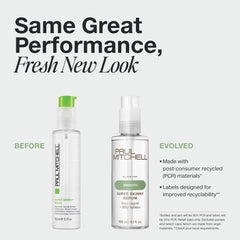 Paul Mitchell Super Skinny Serum, aplicación en manos, prepara el cabello para un acabado suave.