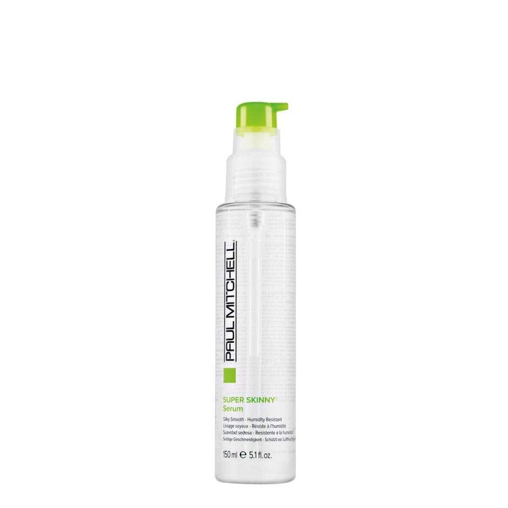 Paul Mitchell Super Skinny Serum bottle shows sleek heat-protection packaging