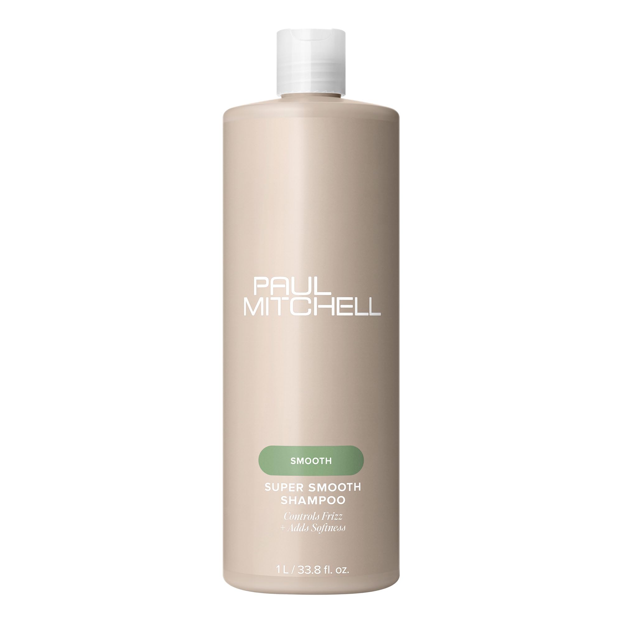 Paul Mitchell Super Smooth Shampoo bottle front highlights frizz control and premium packaging.