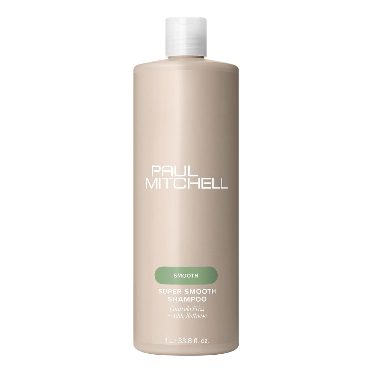 Paul Mitchell Super Smooth Shampoo bottle front highlights frizz control and premium packaging.