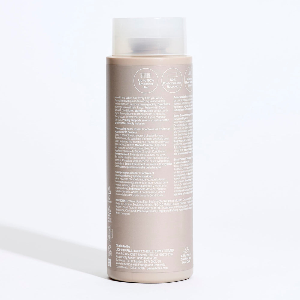 Paul Mitchell Super Smooth Shampoo recycling message promotes sustainable daily care.