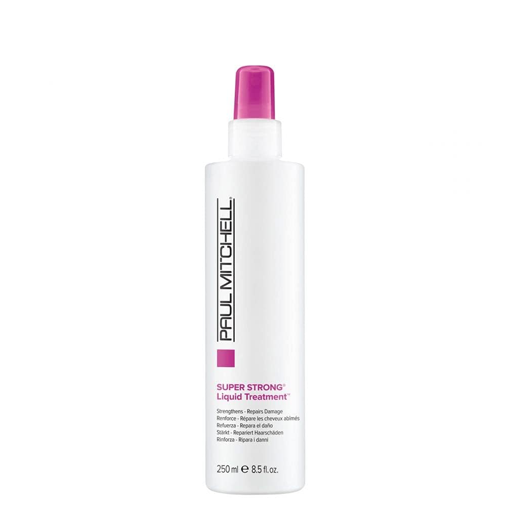 Paul Mitchell Super Strong Liquid Treatment bottle on shelf promising stronger hair.