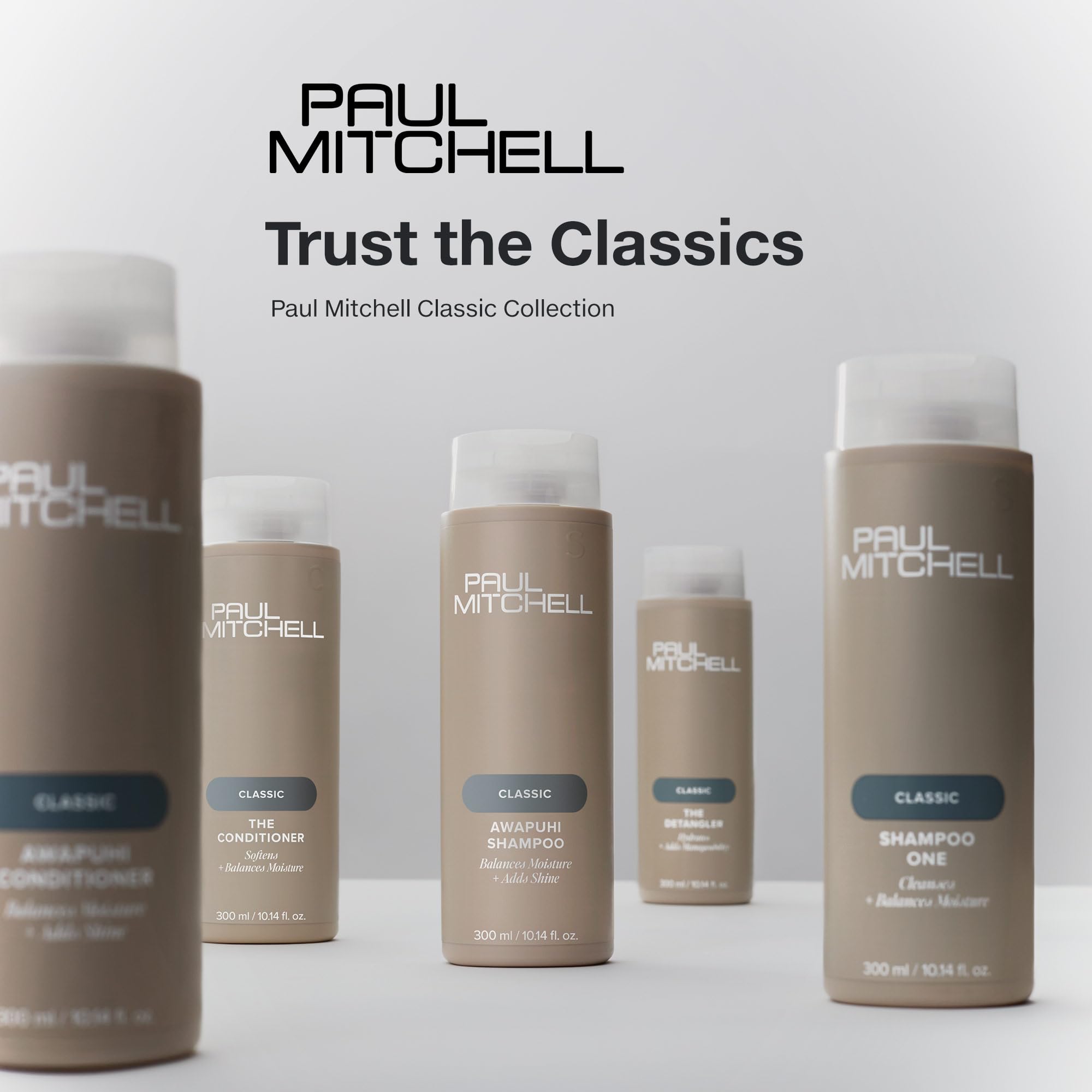 Paul Mitchell conditioner on bathroom counter suggests quick frizz control.