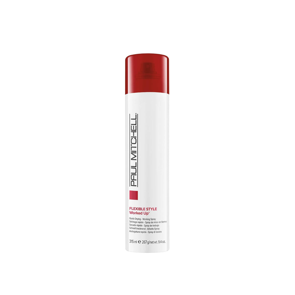 Paul Mitchell Worked Up hairspray bottle demonstrates a quick-drying formula for a brushable finish