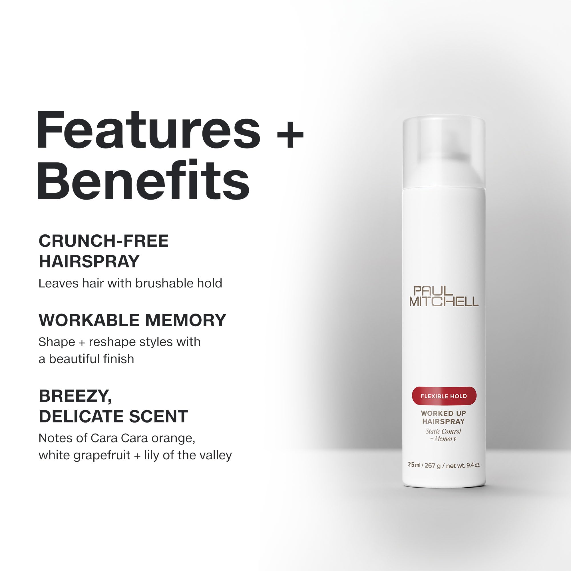 Paul Mitchell Worked Up hairspray provides flexible memory with a light, brushable hold