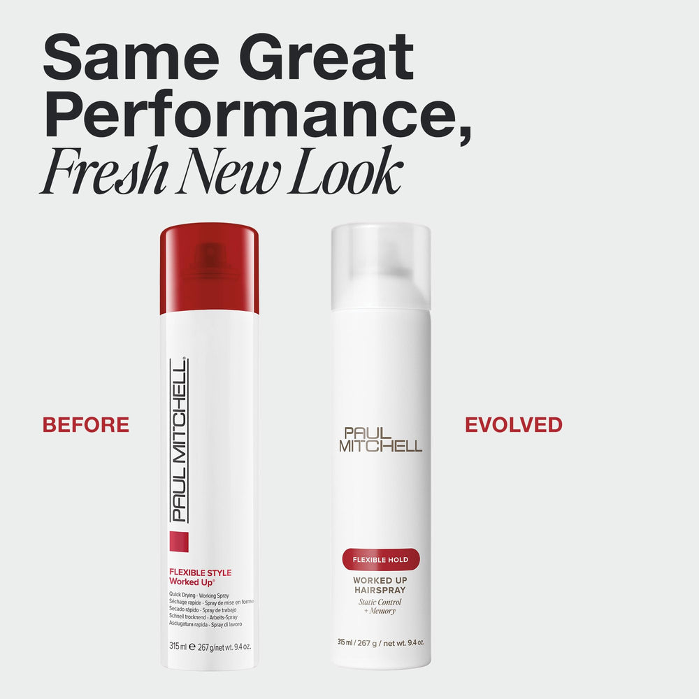 Paul Mitchell Worked Up hairspray mist on hair highlights flexible memory for shaping styles