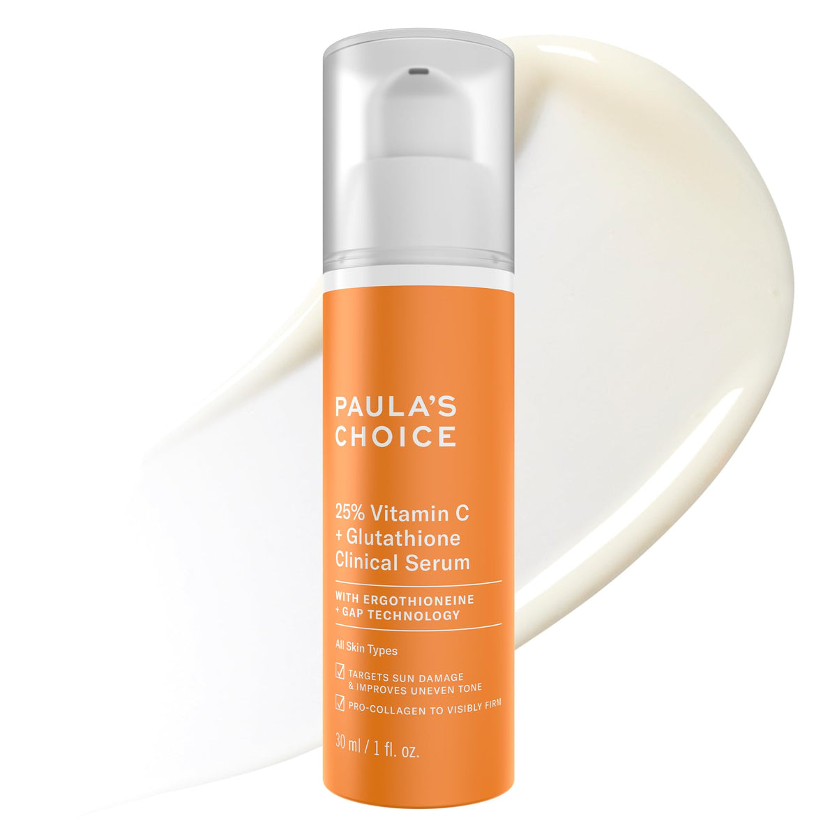 Paula's Choice 25% Vitamin C Serum bottle close-up, fragrance-free formula for even tone.