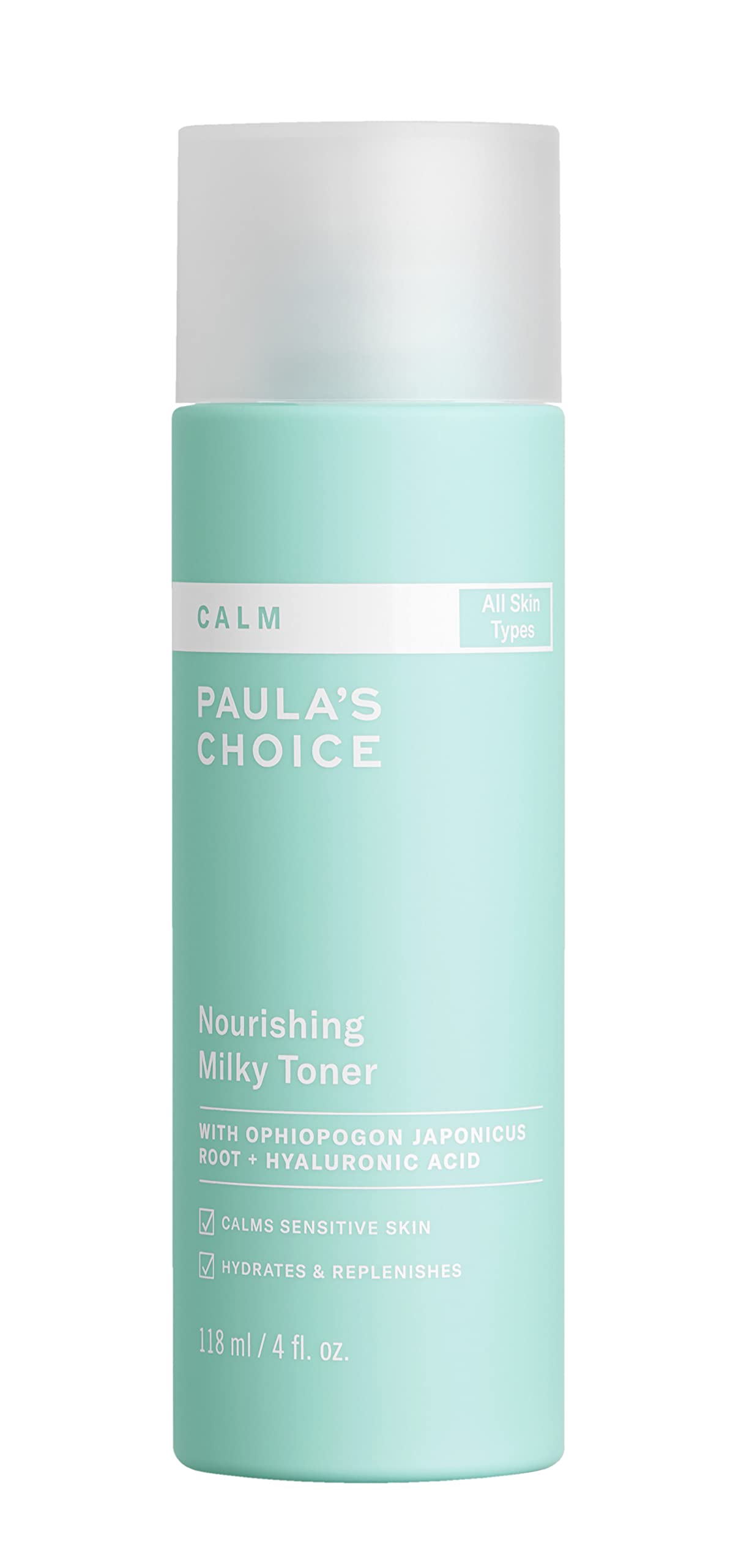 Paula's Choice Calm Nourishing Milky Toner bottle shows a gentle, fragrance-free option for sensitive skin