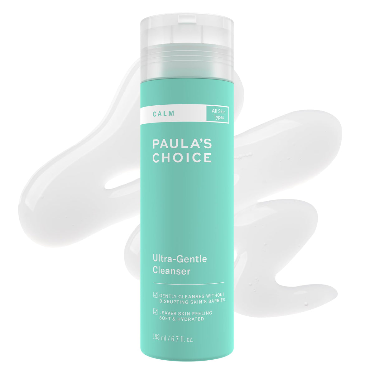 Paula's Choice CALM cleanser bottle close-up, fragrance-free for sensitive skin.