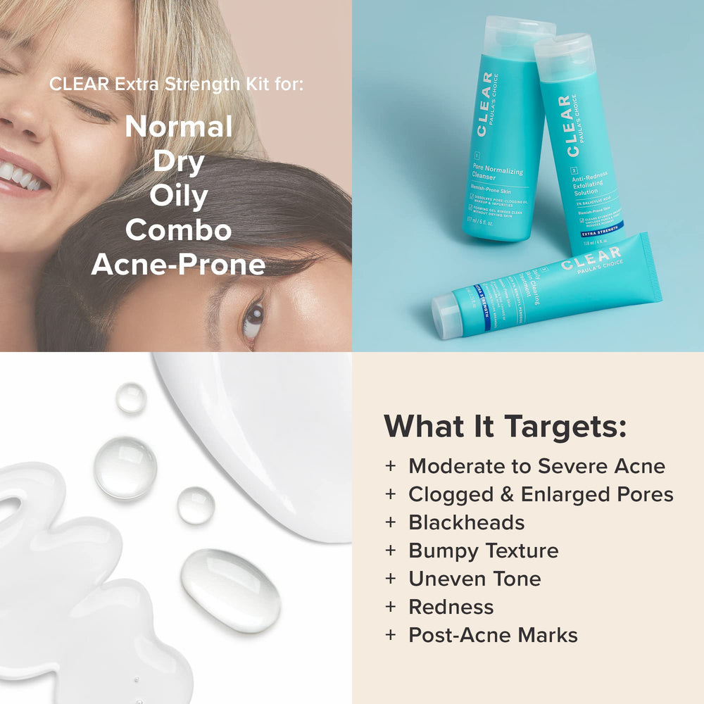 Paula's Choice Clear Extra Strength Acne Kit near bathroom sink shows convenient home skincare setup.