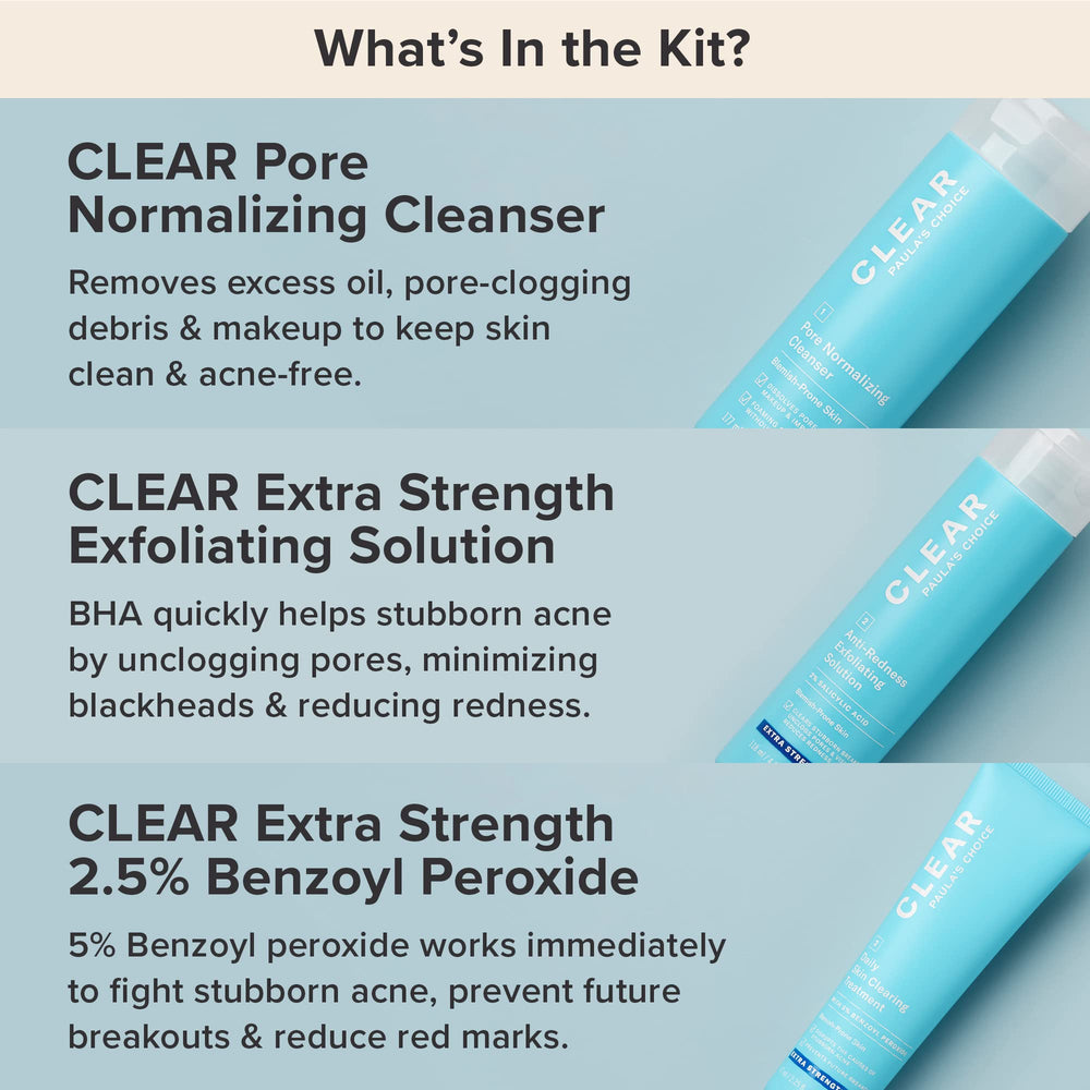 Paula's Choice Clear Extra Strength Acne Kit three-step routine image illustrates daily use.