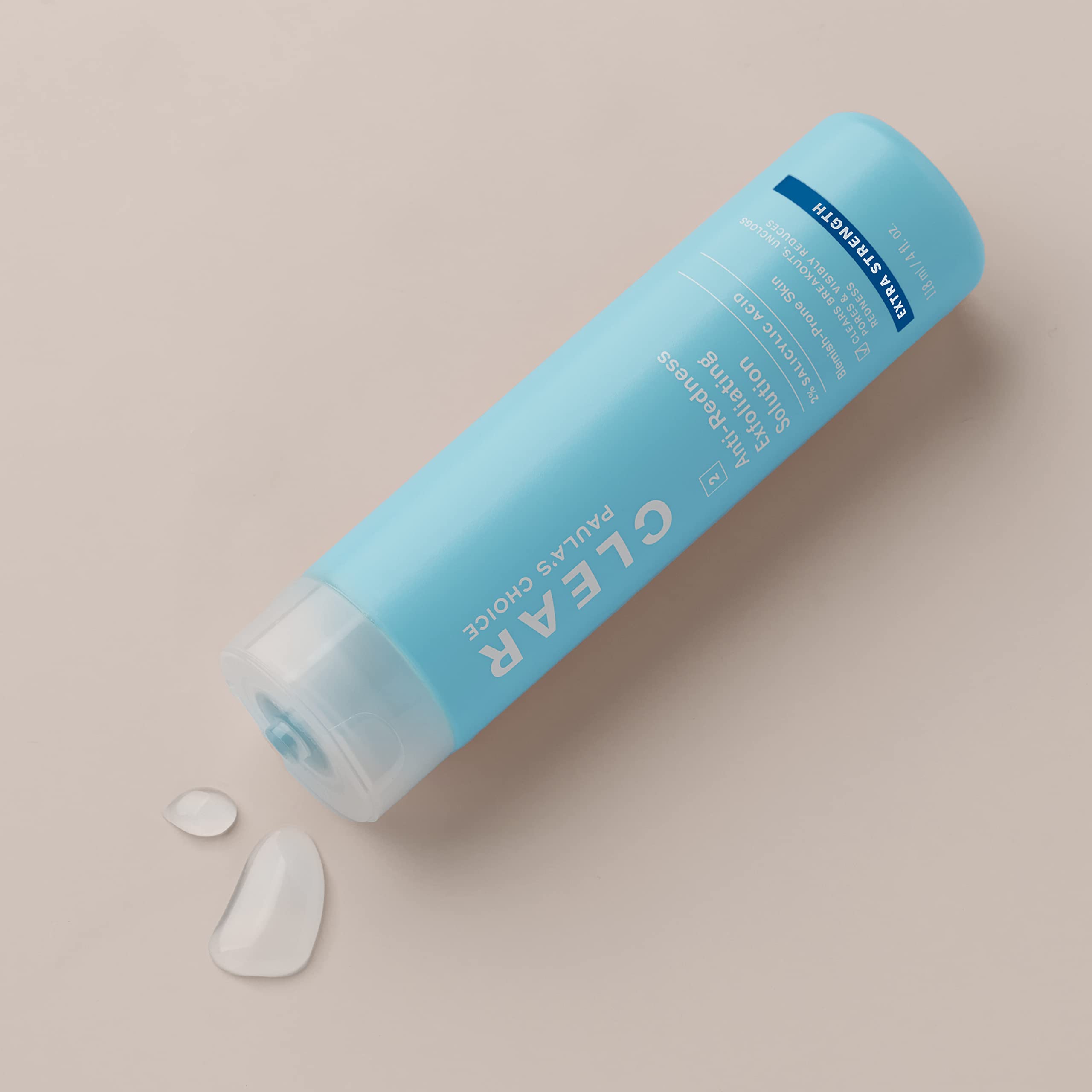 Close-up of Paula's Choice label on exfoliator highlighting 2% salicylic acid.