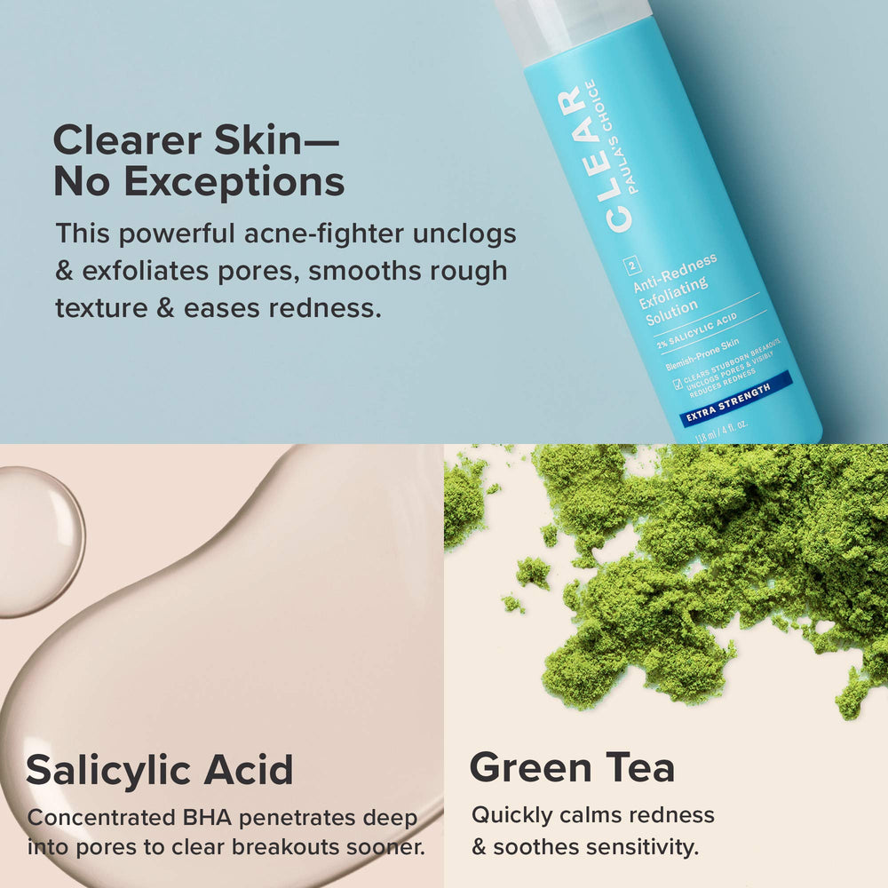 Sustainable packaging visuals for Paula's Choice Clear exfoliator, packaging varies.