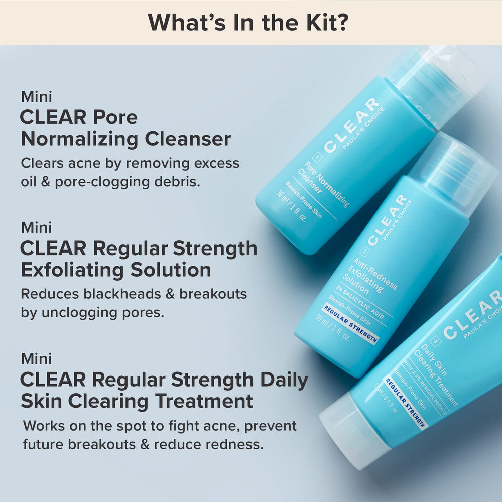 Paula's Choice CLEAR travel kit moisturizer shown for gentle hydration.