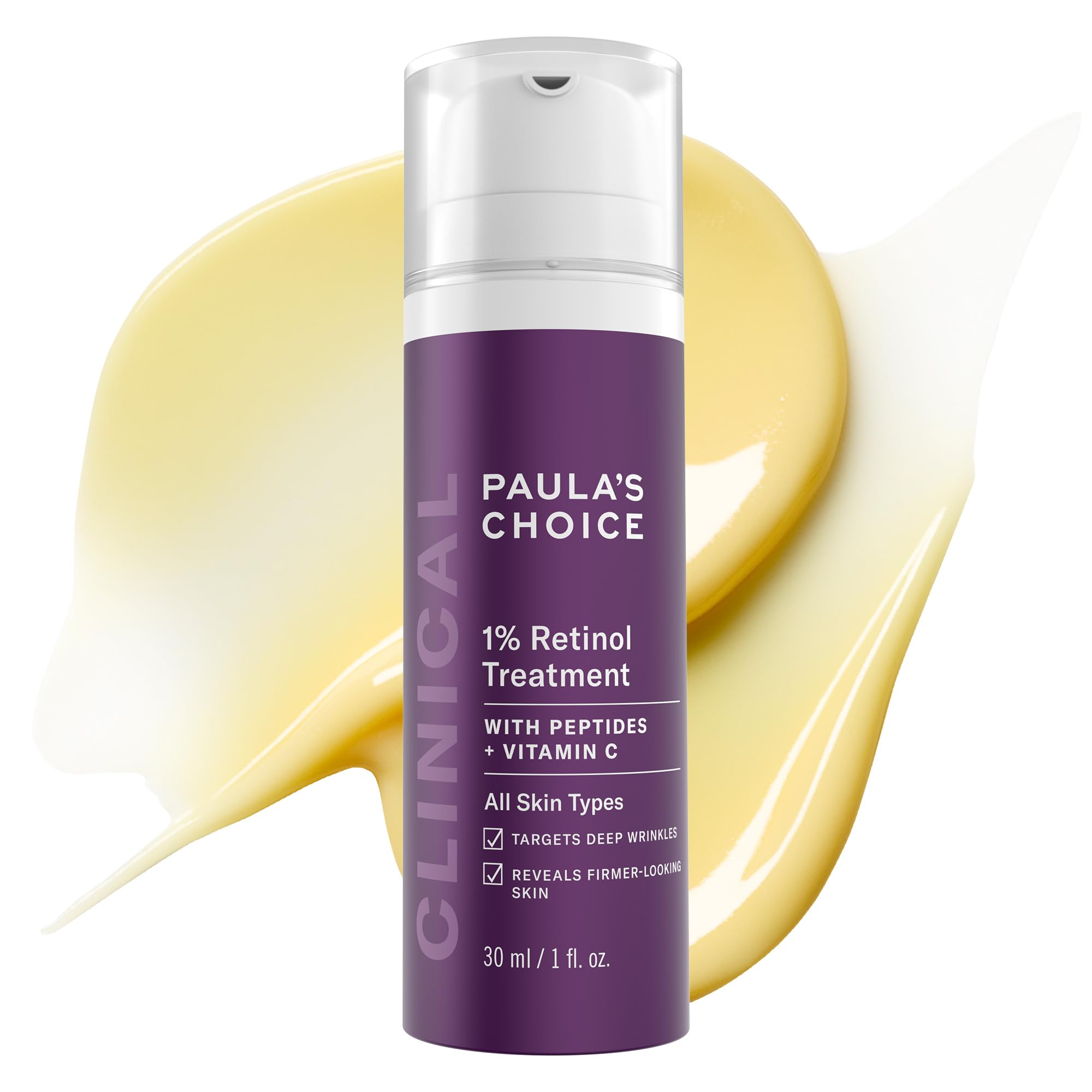 Paula's Choice CLINICAL 1% Retinol bottle close-up; fragrance-free anti-aging solution.