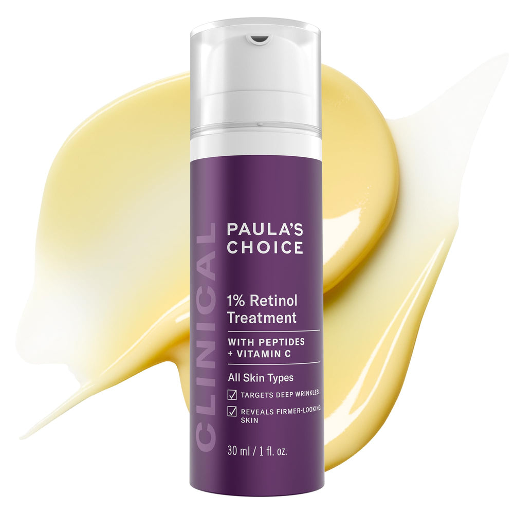 Paula's Choice CLINICAL 1% Retinol bottle close-up; fragrance-free anti-aging solution.