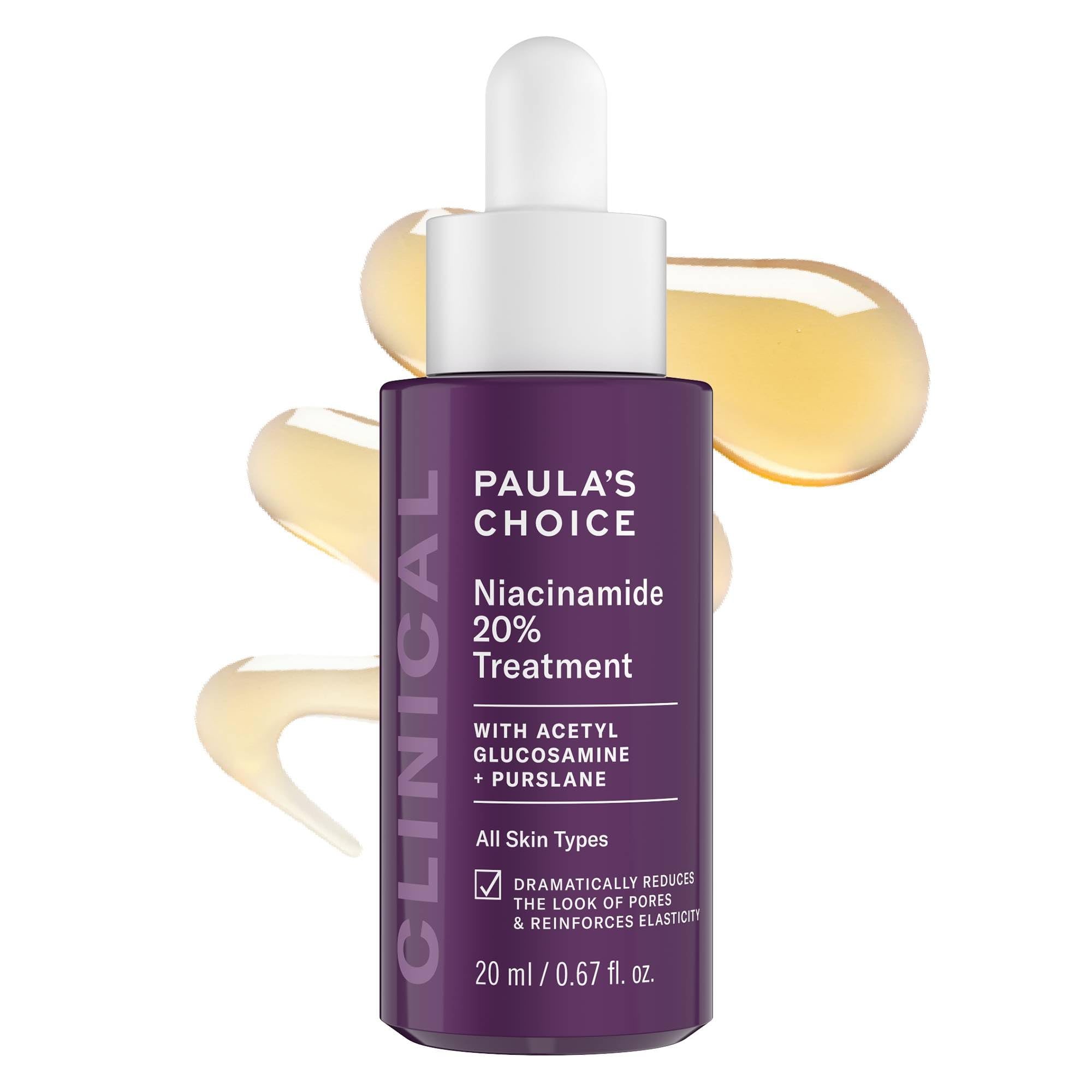 Paula's Choice Clinical 20% Niacinamide serum bottle shown for pore refinement.