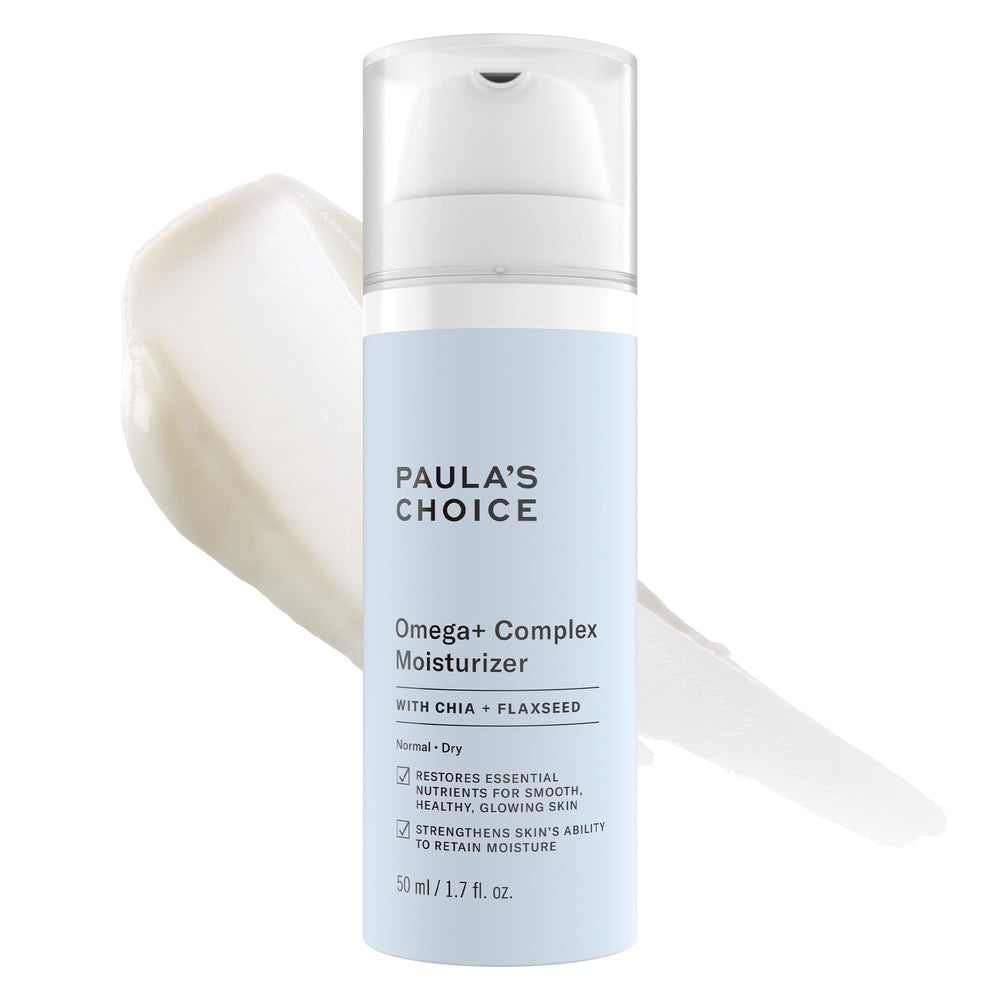 Paula's Choice Omega+ Complex face moisturizer jar highlighting a rich hydration formula for dry skin