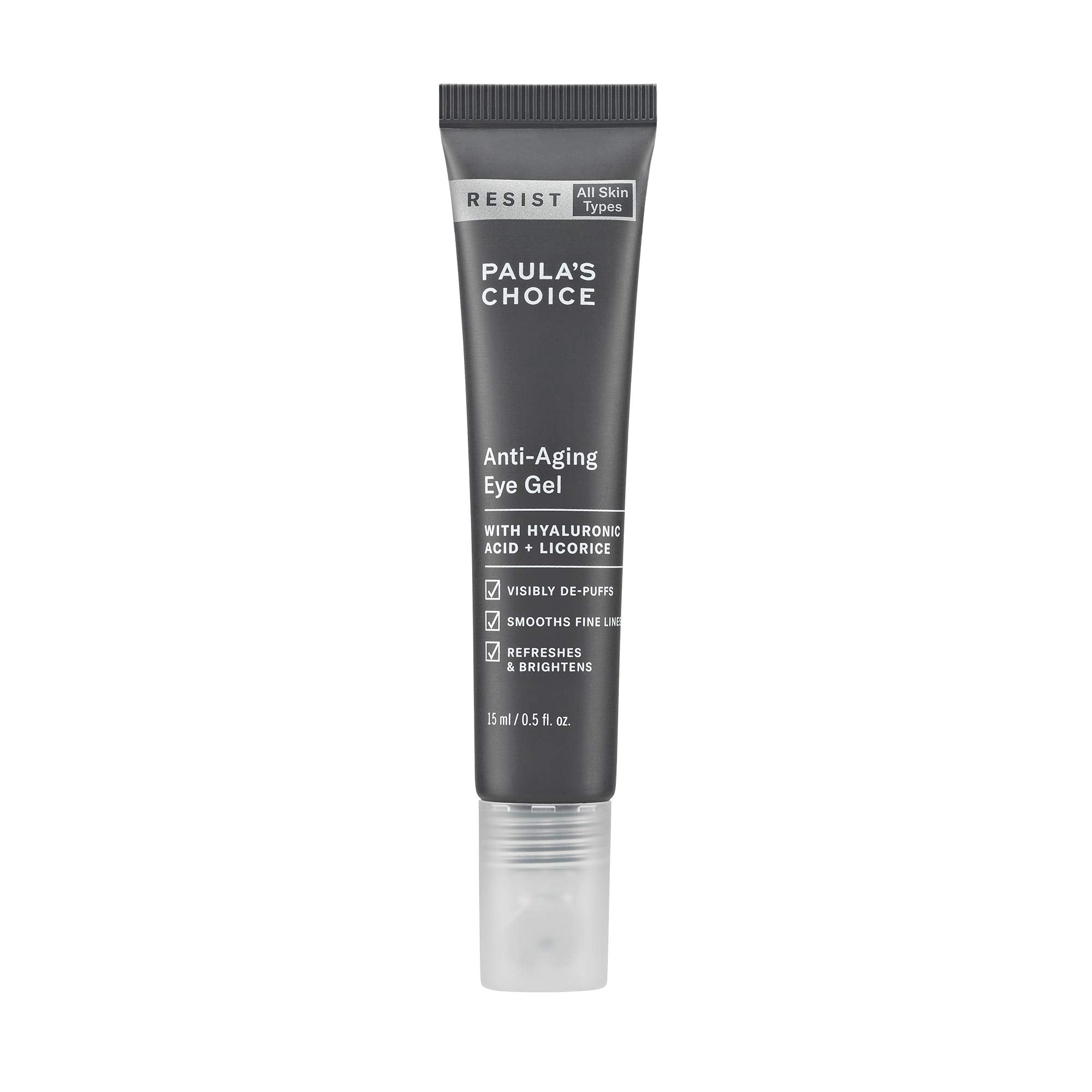Paula's Choice Resist eye gel bottle showing sleek packaging for hydrating care.
