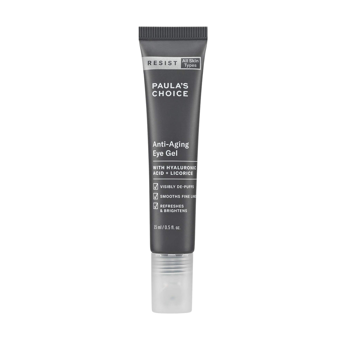 Paula's Choice Resist eye gel bottle showing sleek packaging for hydrating care.