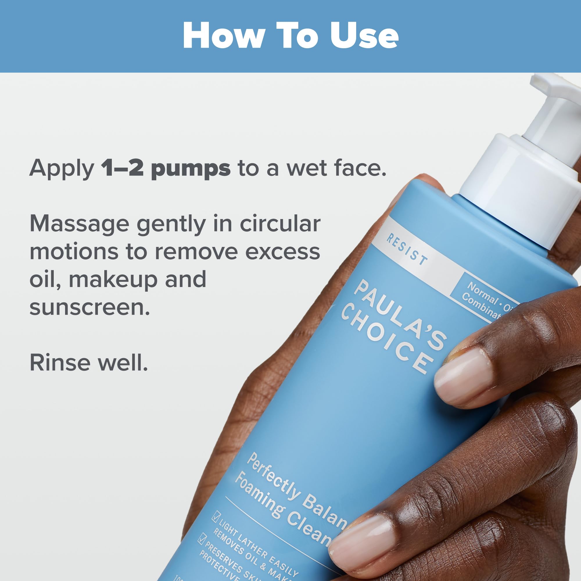 Cleanser pump top detail highlights easy daily use.