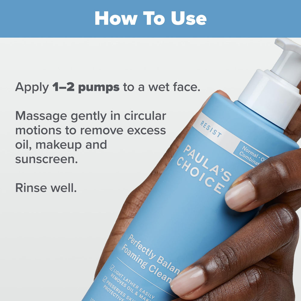 Cleanser pump top detail highlights easy daily use.