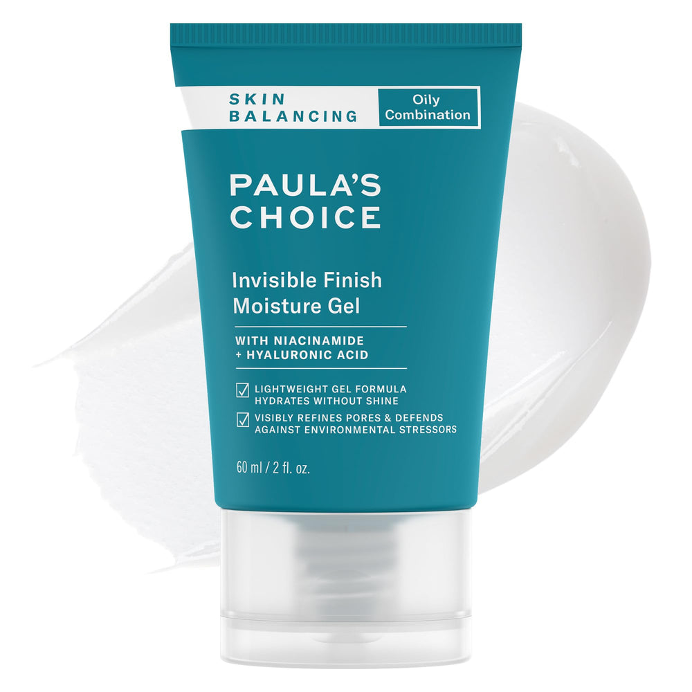 Paula's Choice Skin Balancing Invisible Finish Gel bottle shows lightweight hydration for oily skin.
