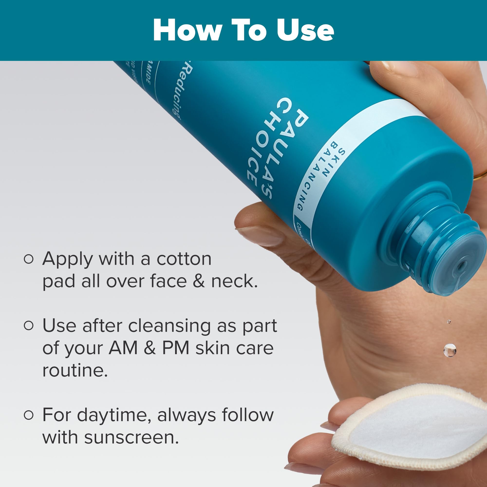 Paula's Choice toner being poured, highlighting lightweight oil-control action.