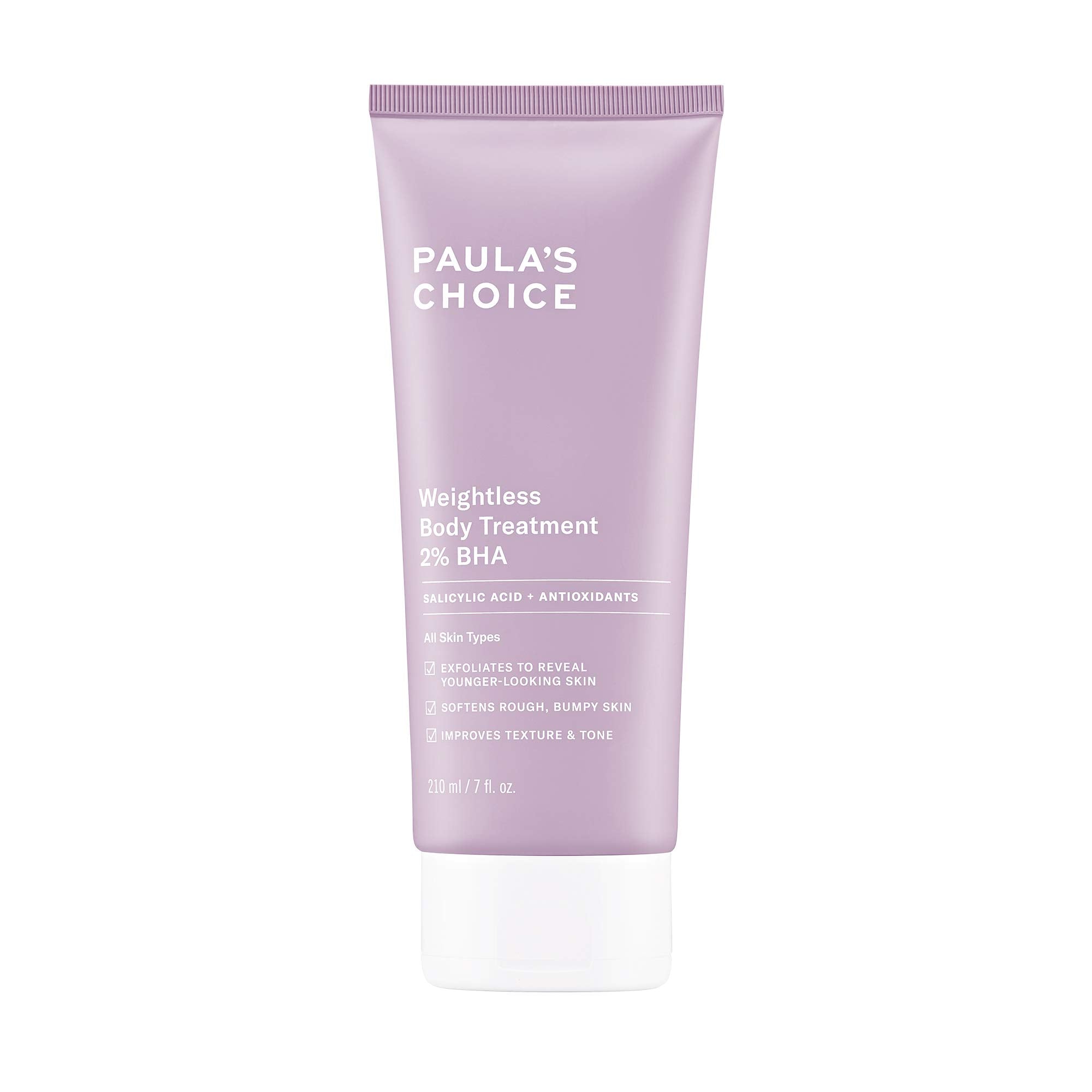 Paula's Choice Weightless Body Lotion 2% BHA bottle close-up showing label and texture benefits