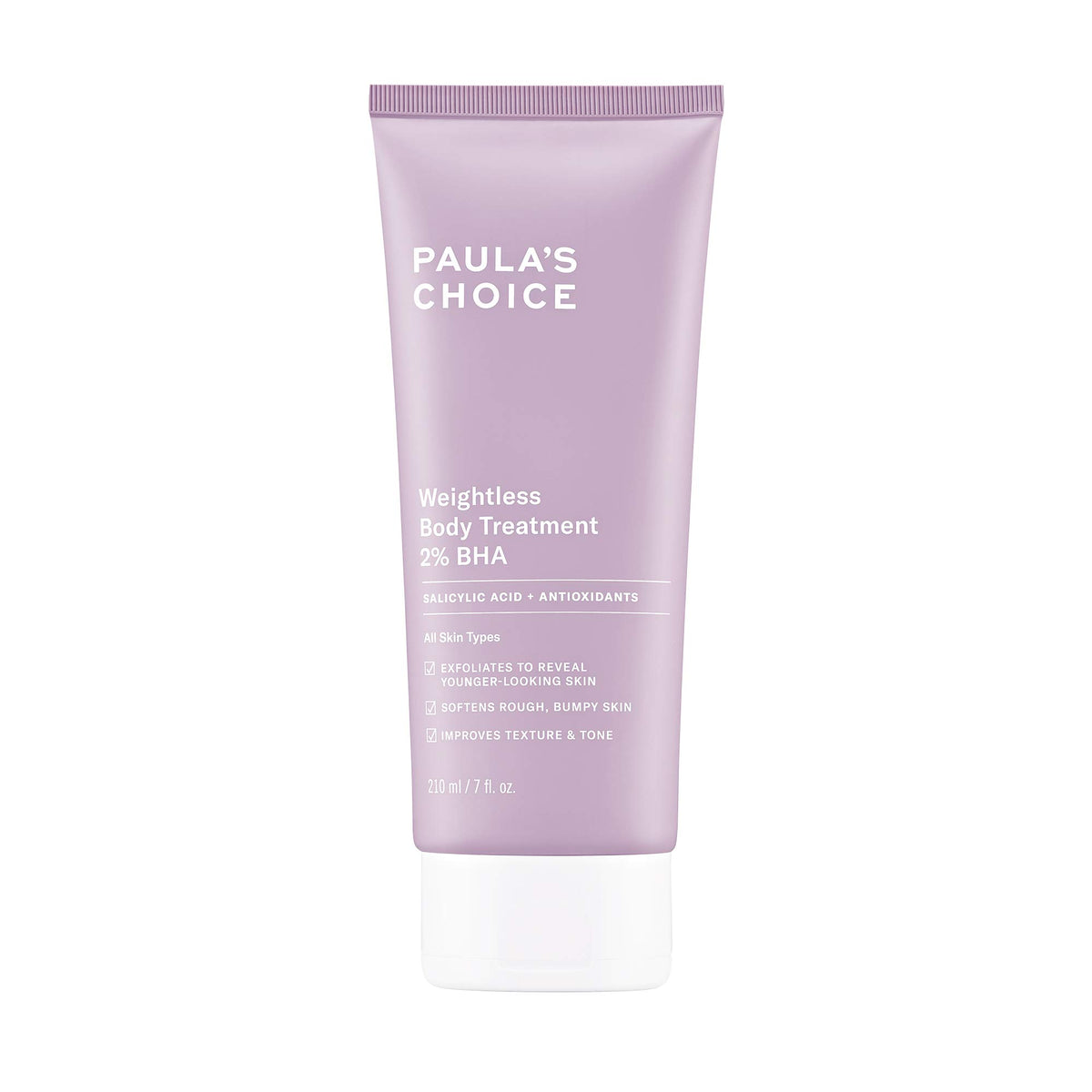 Paula's Choice Weightless Body Lotion 2% BHA bottle close-up showing label and texture benefits