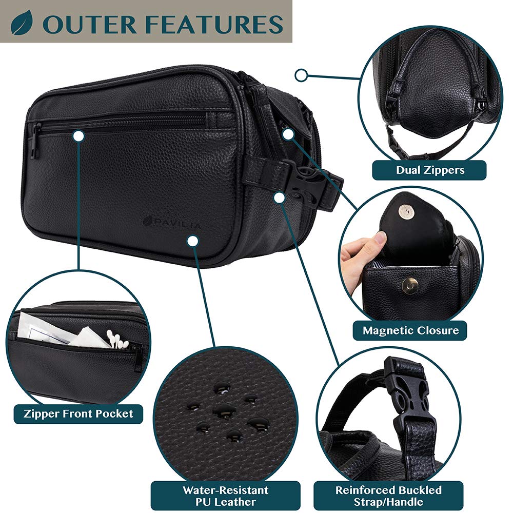 PAVILIA Toiletry bag with side pockets keeps grooming items organized on trips.