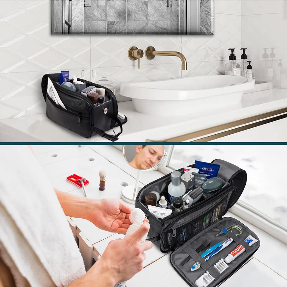 PAVILIA Leather Dopp Kit in black offers durable, wipe-clean use for daily travel.