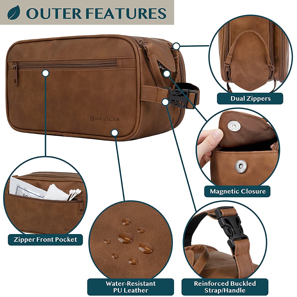 PAVILIA PU leather water-resistant toiletry bag protects items from spills