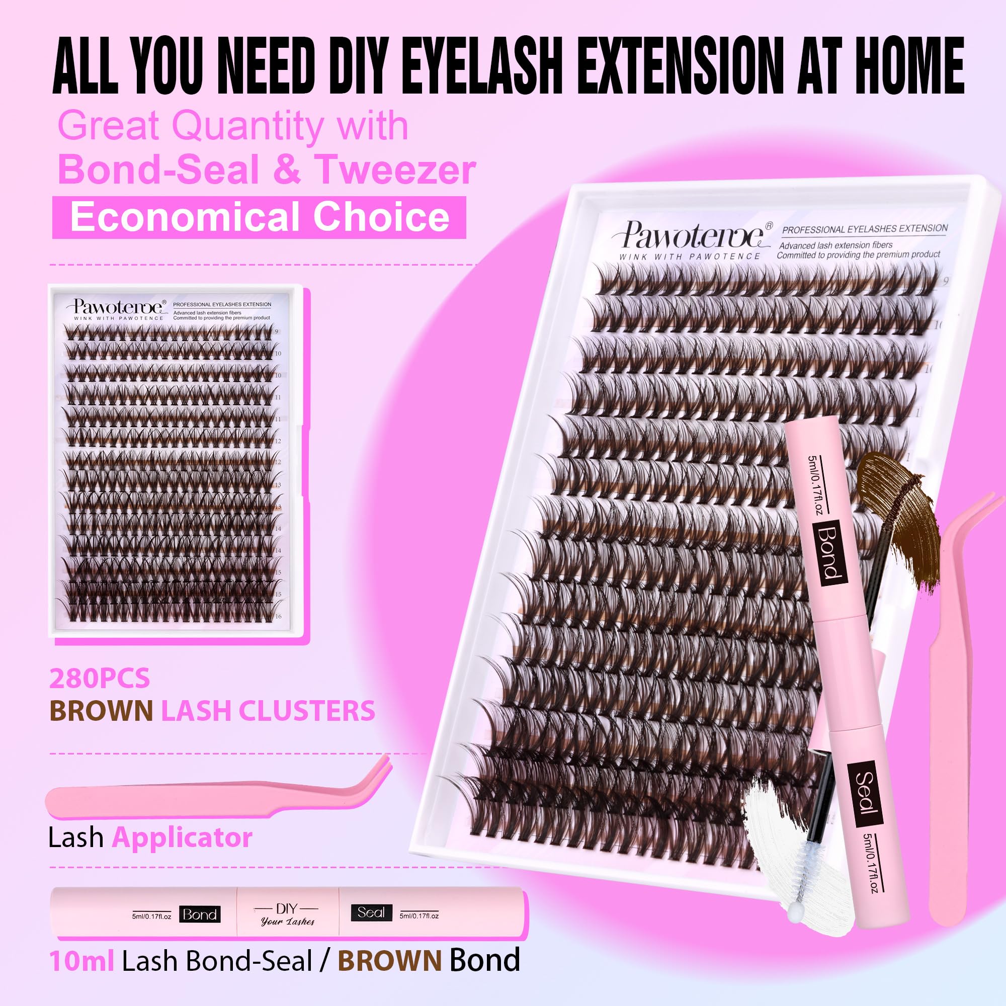 Pawotence brown lash bond and seal for secure adhesion and a smooth finish.