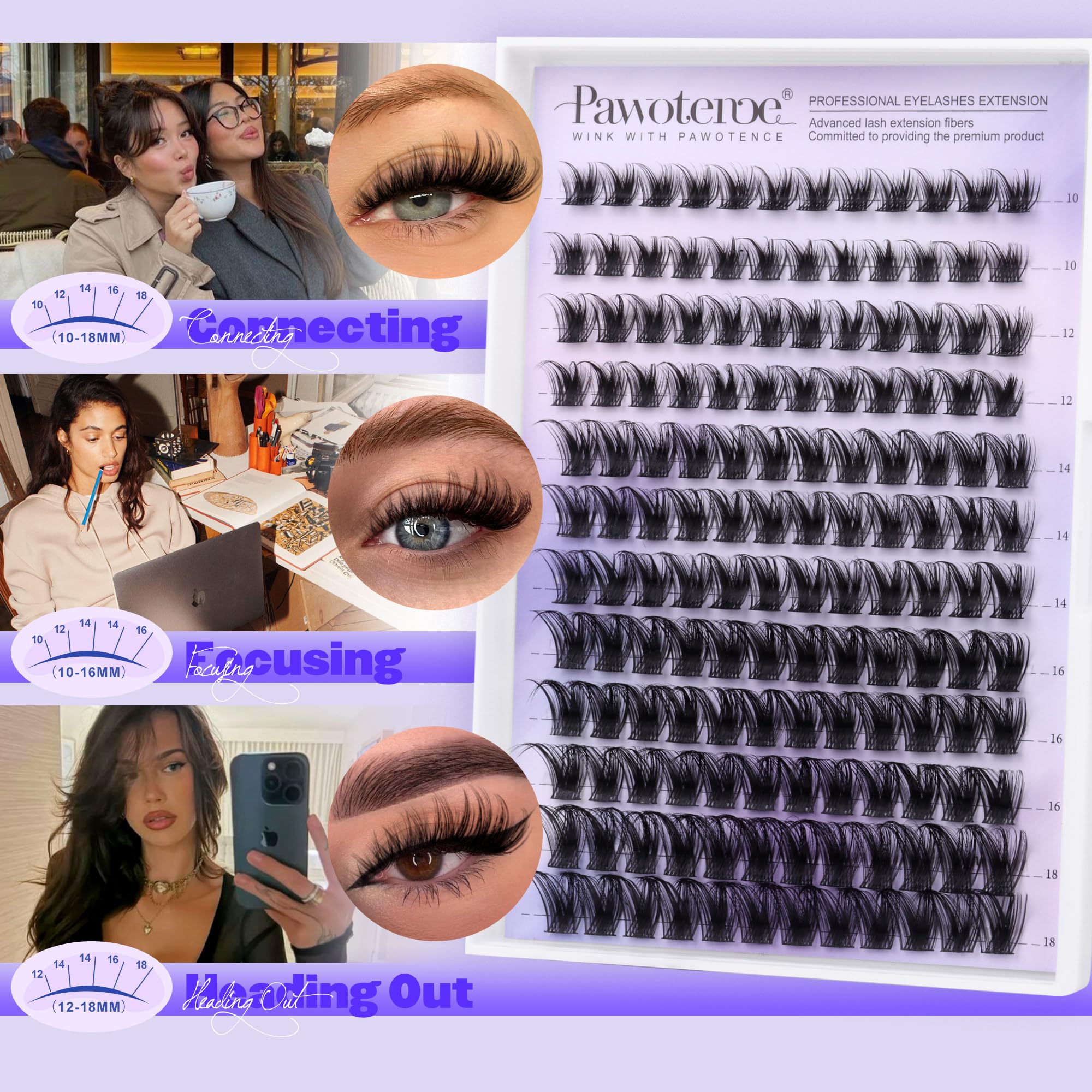 Pawotence 16mm lash clusters extension for bold drama