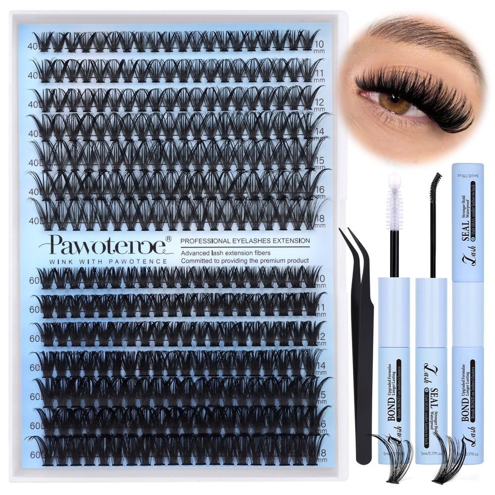 Pawotence lash clusters kit with 40D-60D options for a natural at-home look.