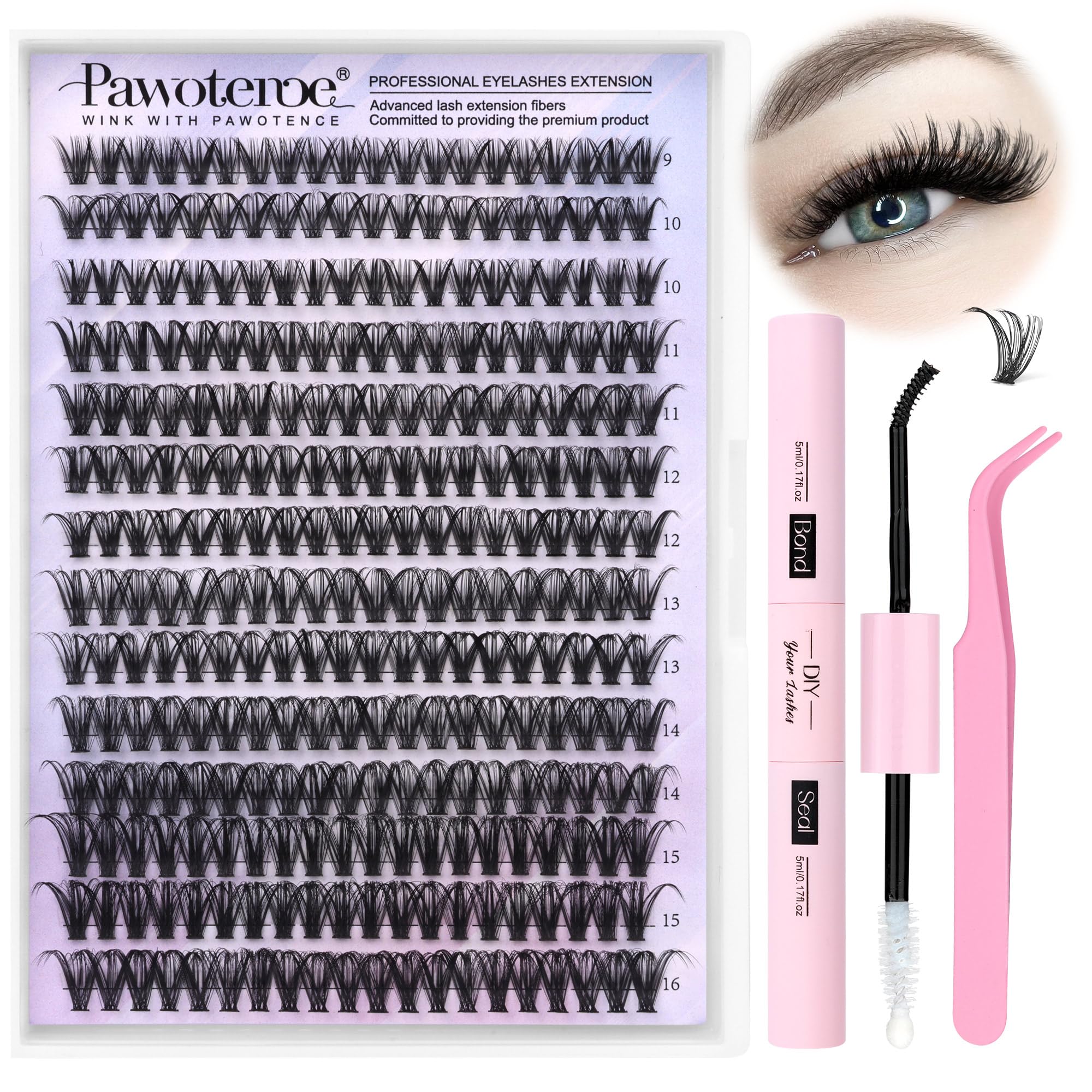 Pawotence lash clusters kit 40D 9-16mm for a customizable, natural-looking lash result.