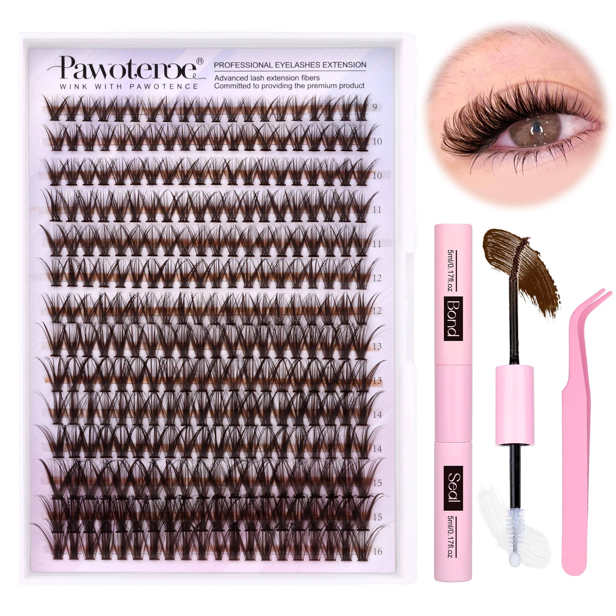 Pawotence lash extension kit with 280 brown clusters for a natural, fuller look.