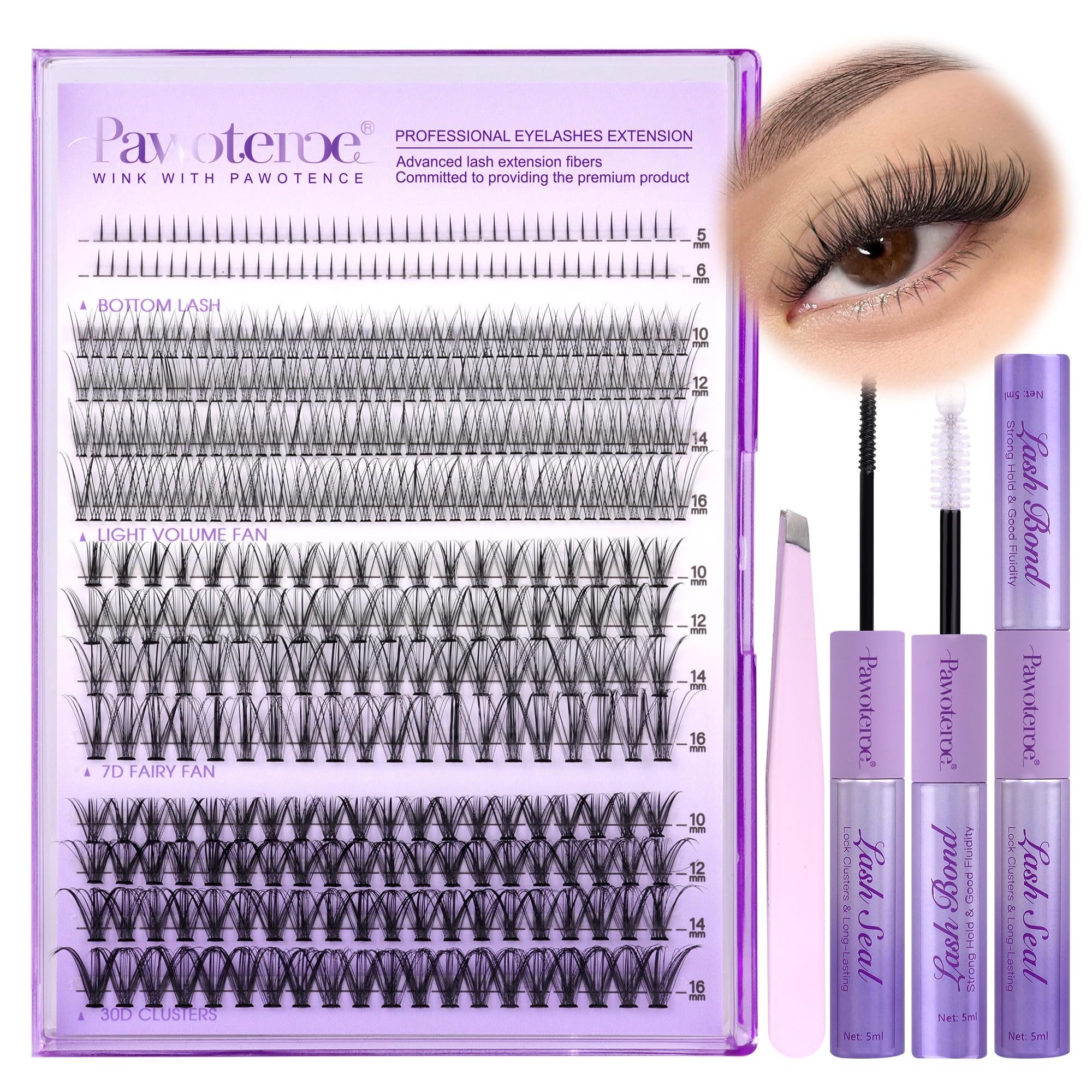 Pawotence lash extension kit with four style clusters for a natural daily look
