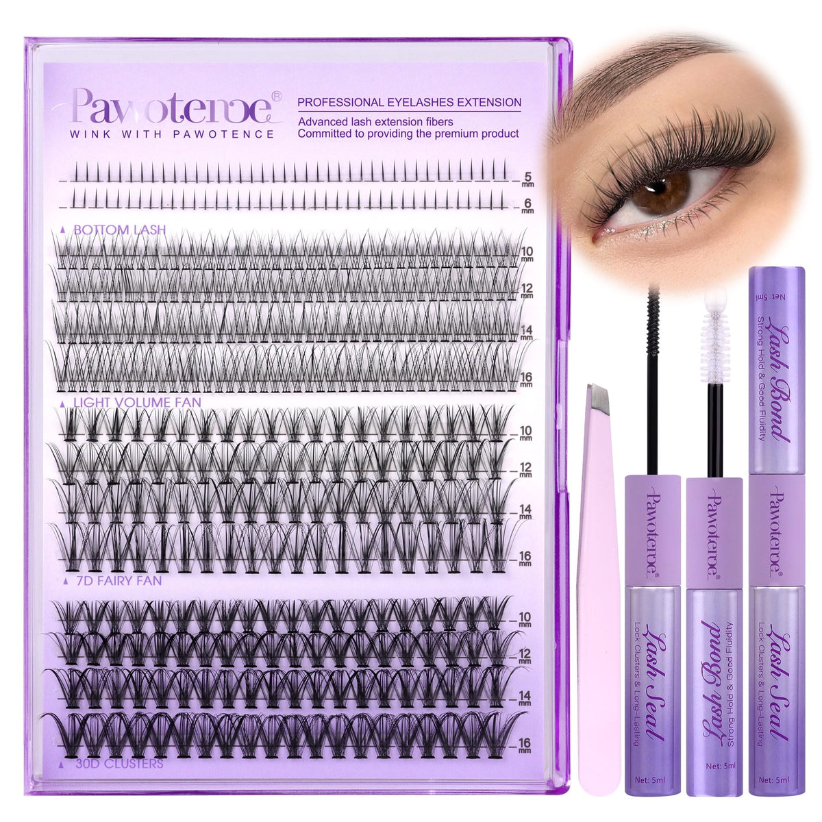 Pawotence lash extension kit with four style clusters for a natural daily look