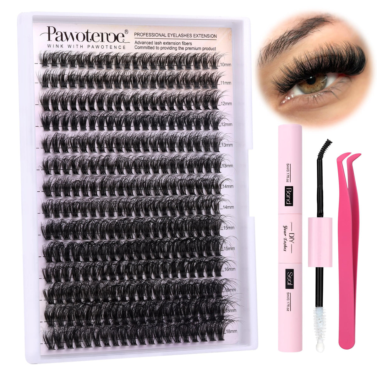 Pawotence lash extension kit full 50D 9-16mm for at-home natural fullness.