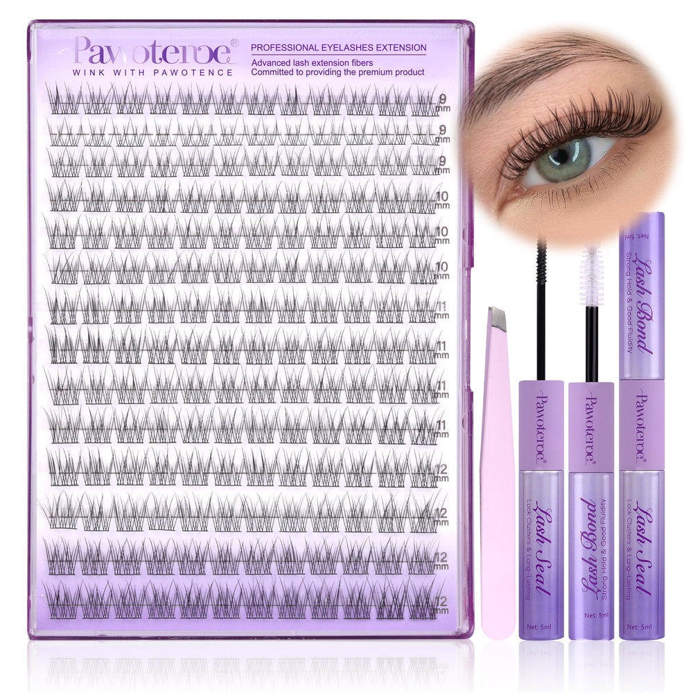 Pawotence lash extension kit with wispy clusters for a natural at-home look and quick touch-ups.