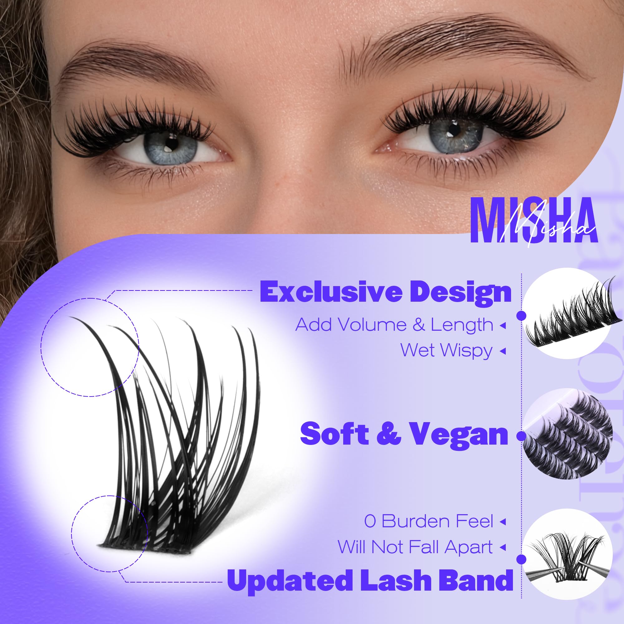 Pawotence Misha Lashes Clusters application guide for easy DIY lash styling.