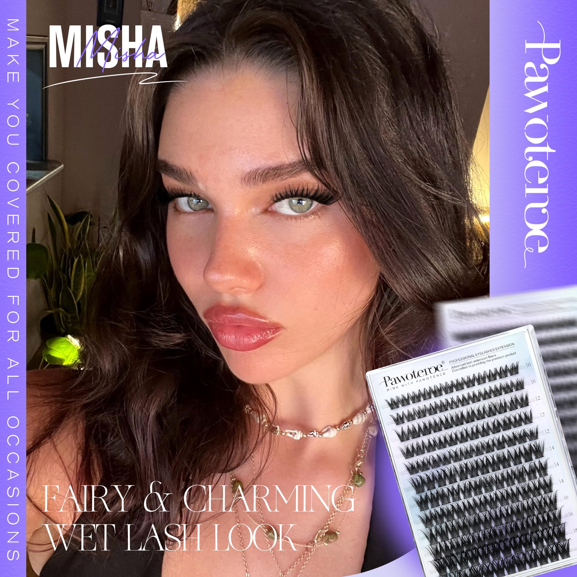 Pawotence Misha Lashes Clusters wispy close-up showing fuller, lightweight lashes.