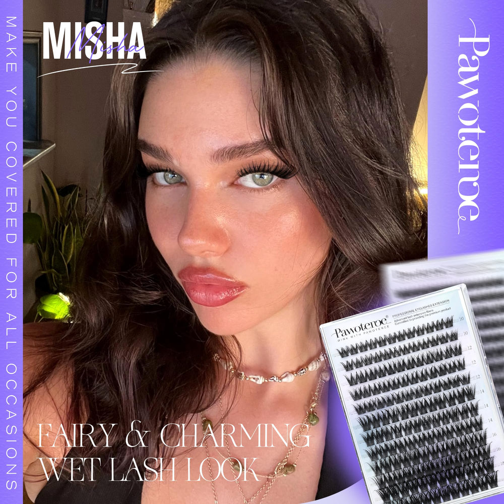 Pawotence Misha Lashes Clusters wispy close-up showing fuller, lightweight lashes.