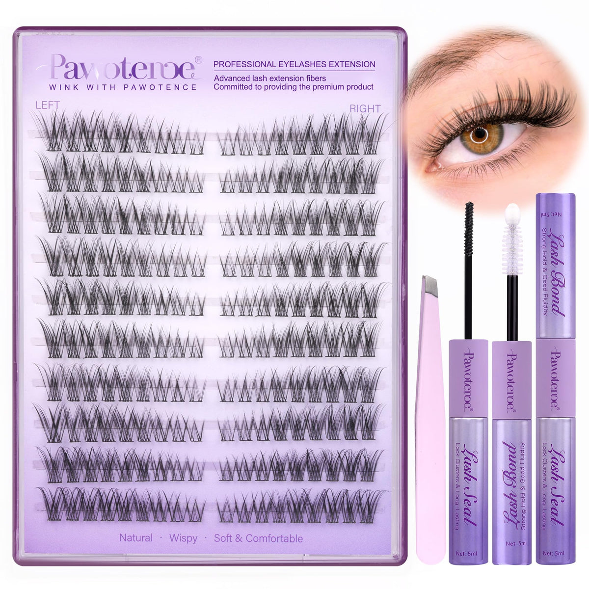 Pawotence Wispy Lash Clusters Kit packaging highlights a complete at-home lash kit for easy DIY installs