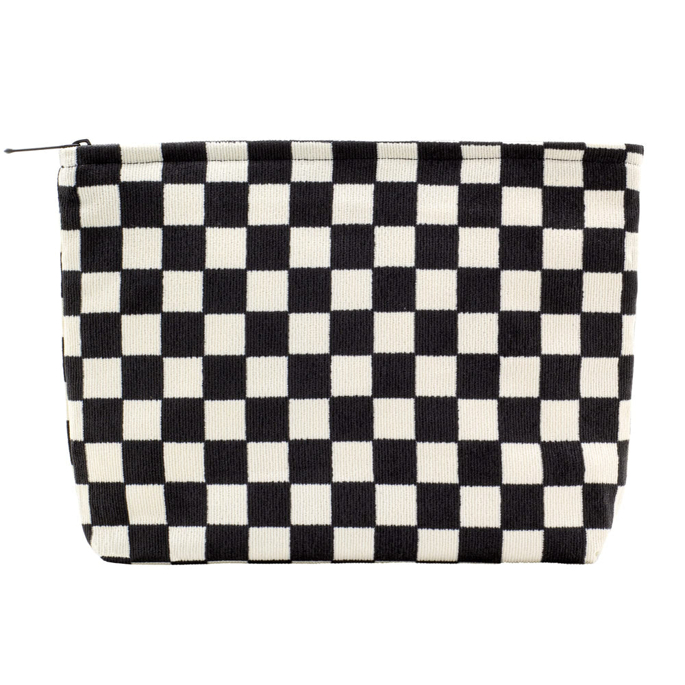 PAZIMIIK large makeup bag with zippered corduroy checkered black keeps cosmetics secure.