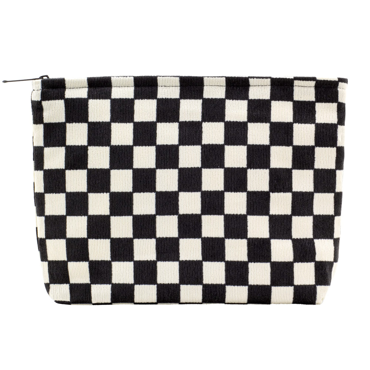 PAZIMIIK large makeup bag with zippered corduroy checkered black keeps cosmetics secure.
