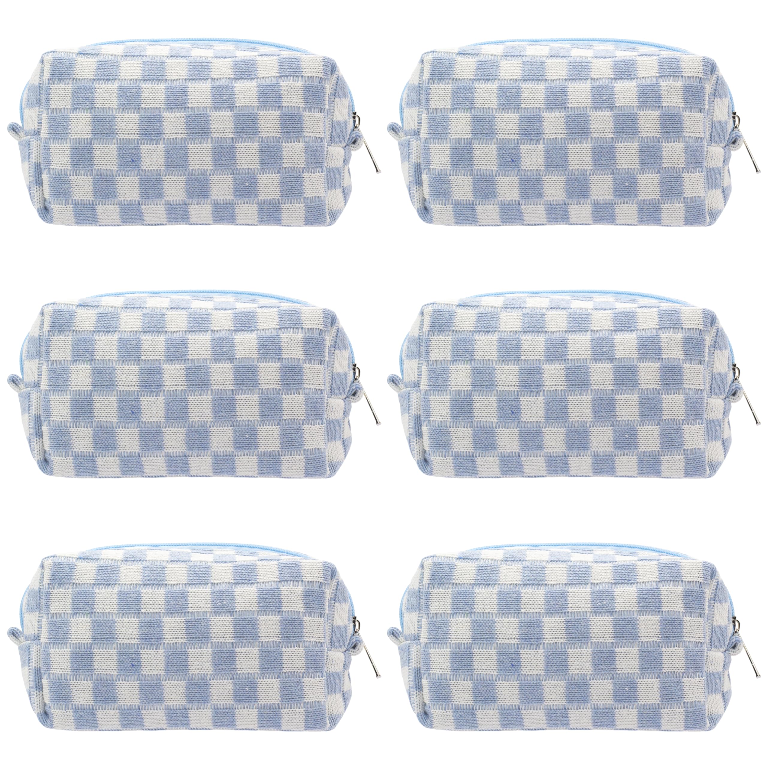 PAZIMIIK checkered makeup bag blue front view for easy on-the-go cosmetics storage.