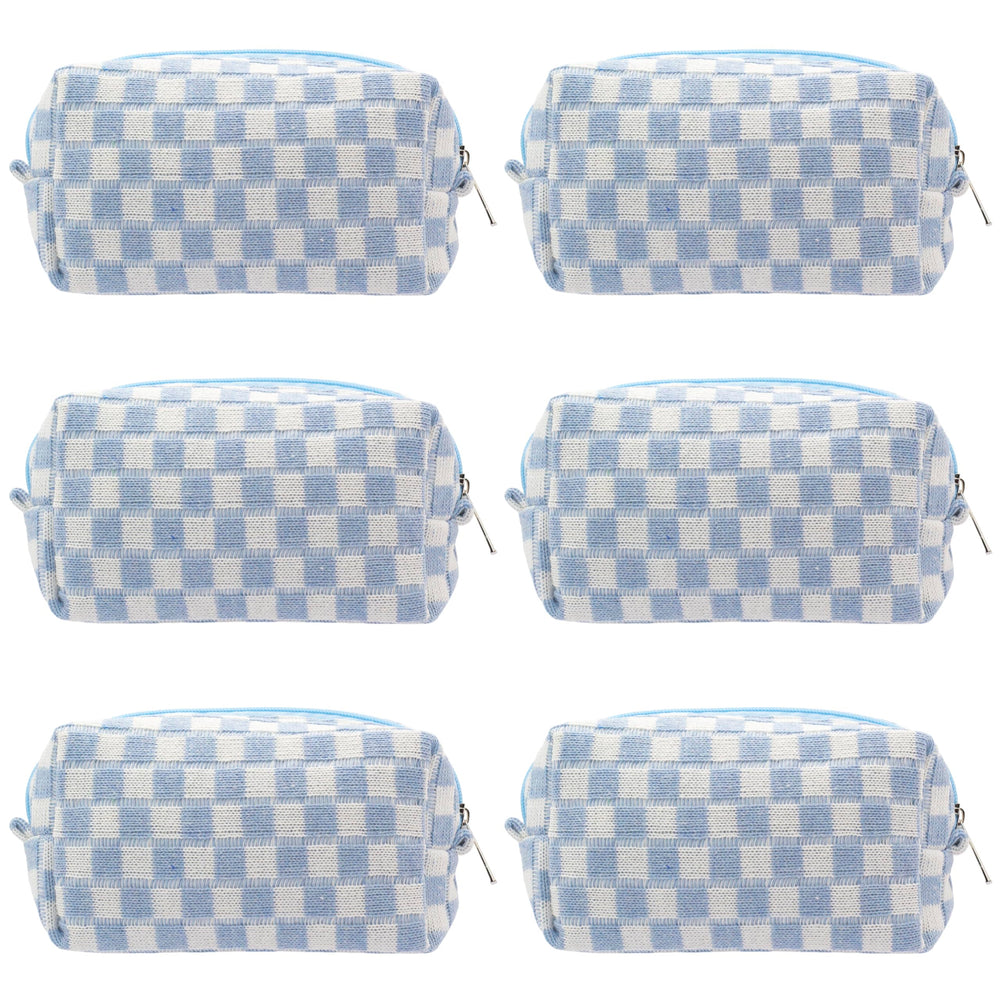 PAZIMIIK checkered makeup bag blue front view for easy on-the-go cosmetics storage.